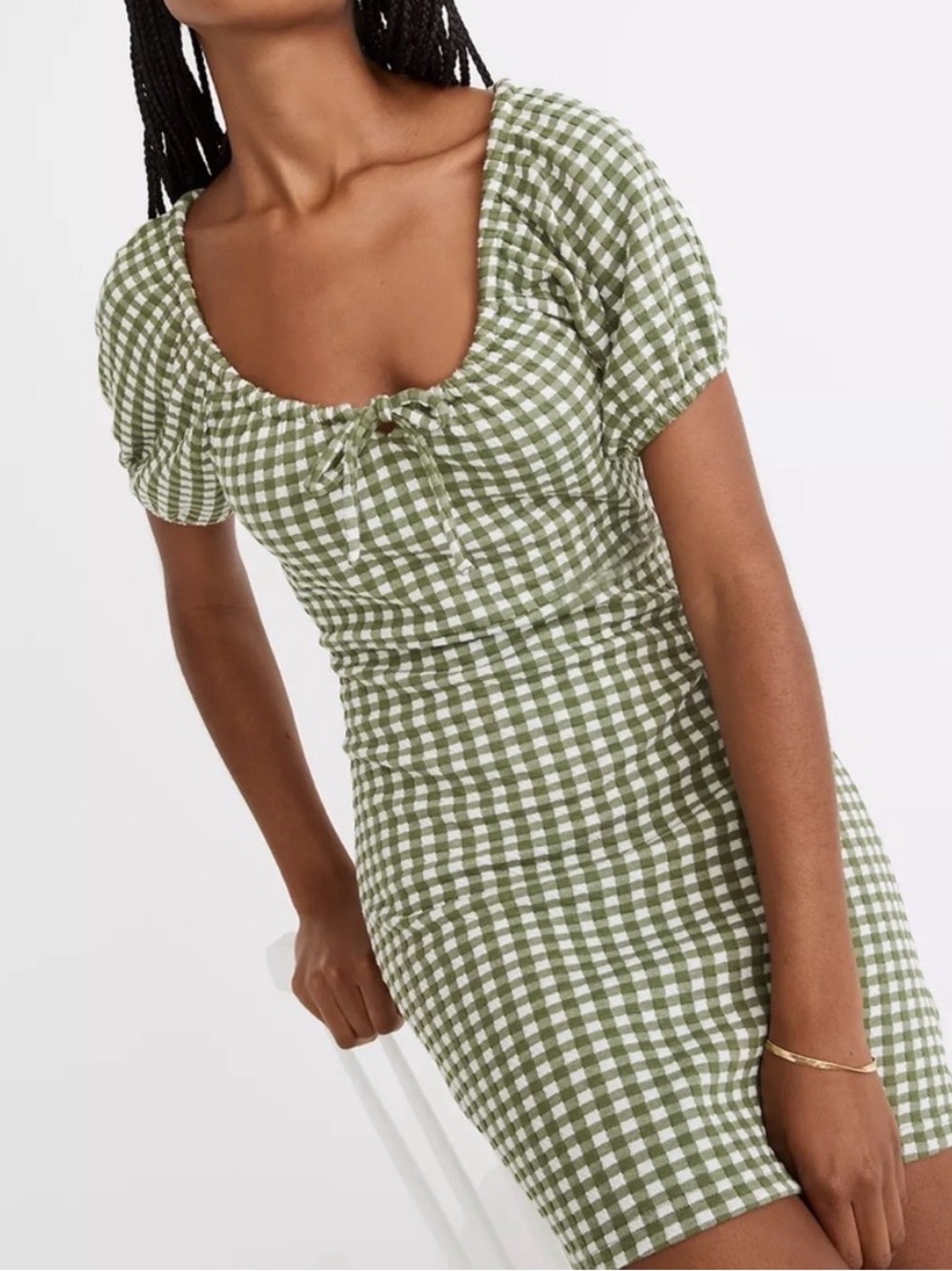 Madewell Green Gingham Mini Dress Puff Sleeve